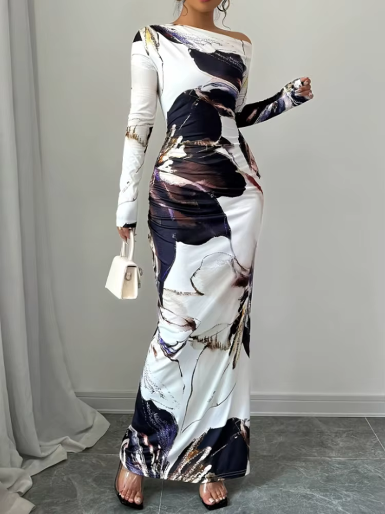 Elegant Slim Fit Printed Slanted Shoulder Long Sleeved Maxi Dress - Image 4