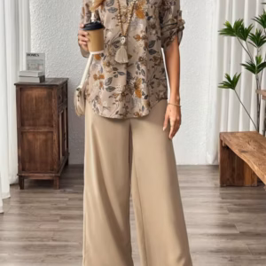 Elegant Soft Chiffon Draping Floral Print V-Neck Top And Wide Leg Pants Two-Piece Set