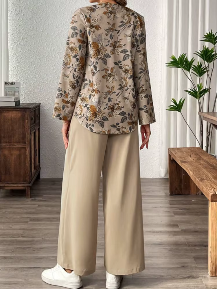 Elegant Soft Chiffon Draping Floral Print V-Neck Top And Wide Leg Pants Two-Piece Set - Image 5