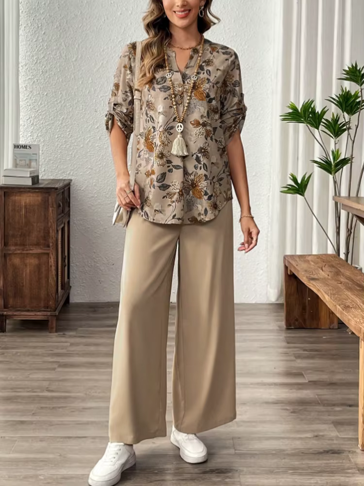 Elegant Soft Chiffon Draping Floral Print V-Neck Top And Wide Leg Pants Two-Piece Set - Image 3