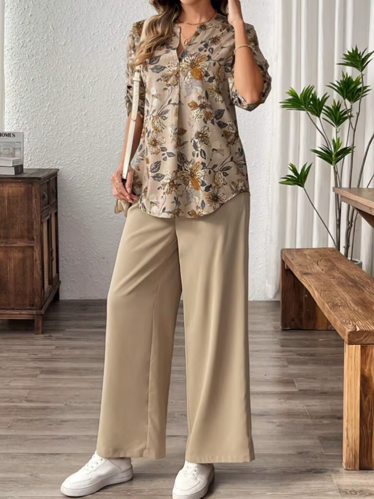 Elegant Soft Chiffon Draping Floral Print V-Neck Top And Wide Leg Pants Two-Piece Set - Image 2