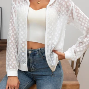 Elegant Solid Color Mesh Sunscreen Long Sleeve Zipper Hooded Jacket