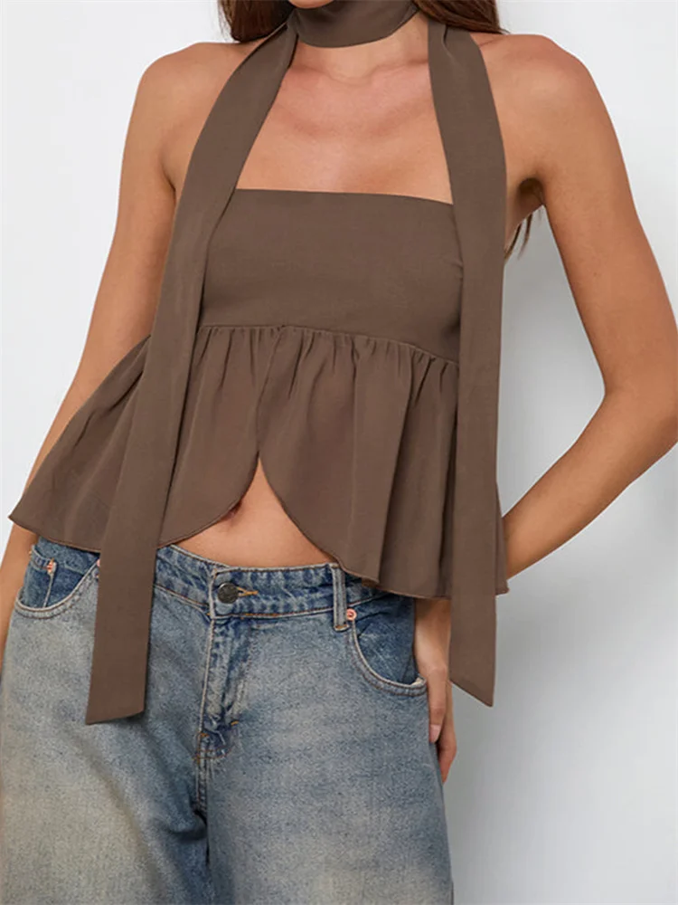 Elegant Solid Color Ruffles Hem Strapless Off-Shoulder Tube Tops With Scarf
