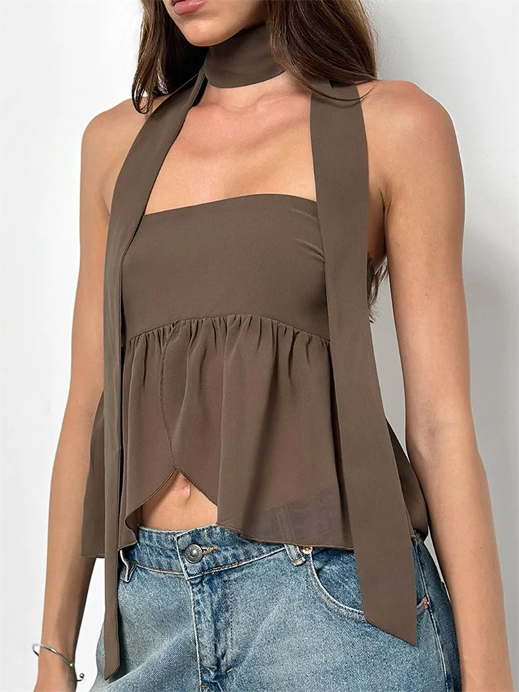 Elegant Solid Color Ruffles Hem Strapless Off-Shoulder Tube Tops With Scarf - Image 2