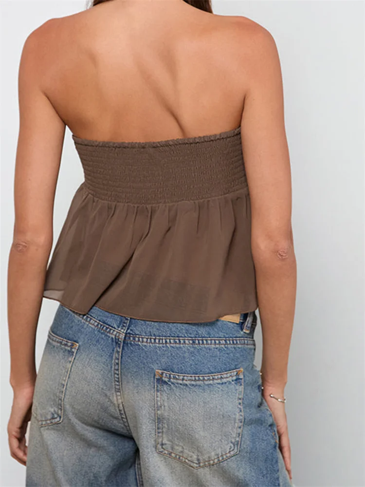 Elegant Solid Color Ruffles Hem Strapless Off-Shoulder Tube Tops With Scarf - Image 4