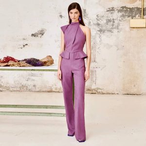 Elegant Solid Halter Waist Fake Pockets Wide Leg Cinching One Piece Jumpsuit