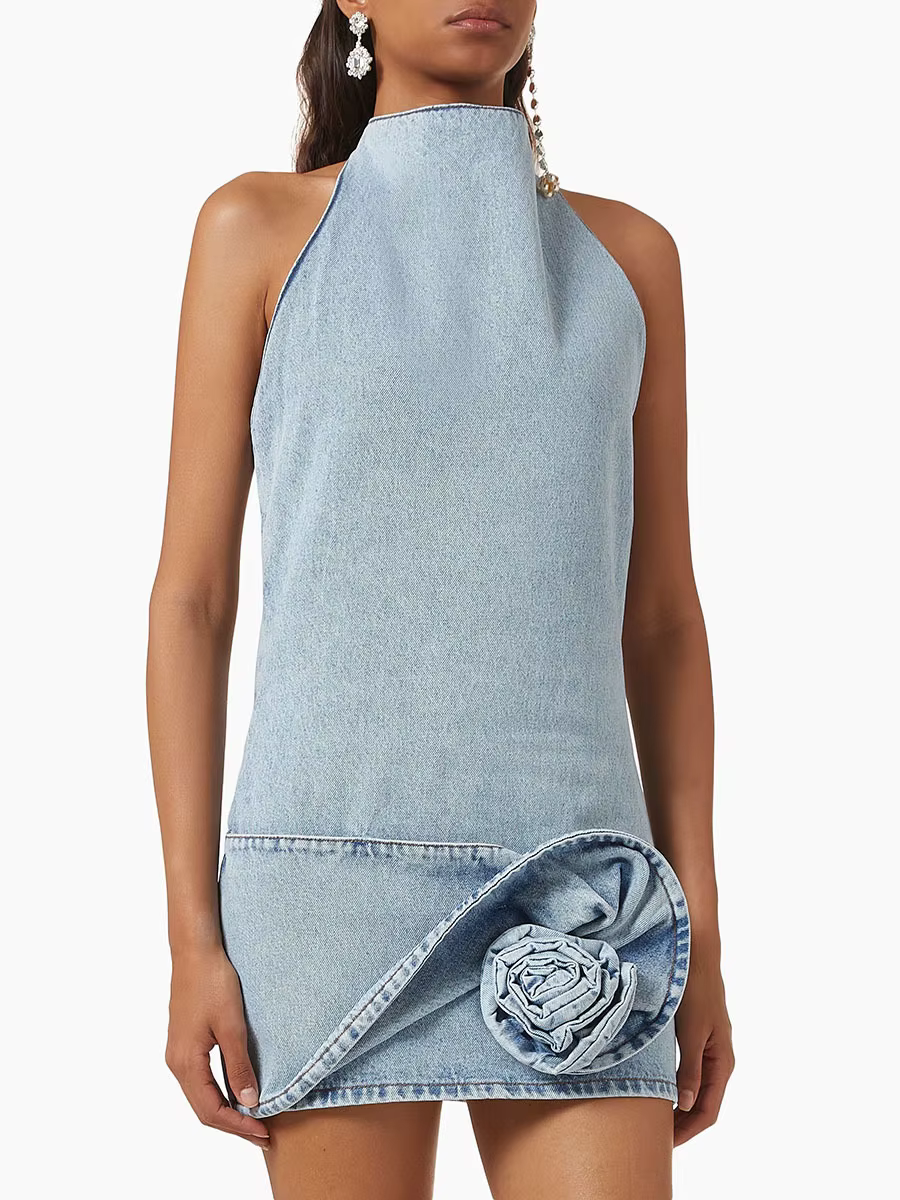 Elegant Solid Spliced Appliques Minimalist Halter Sleeveless High Waist Mini Dress