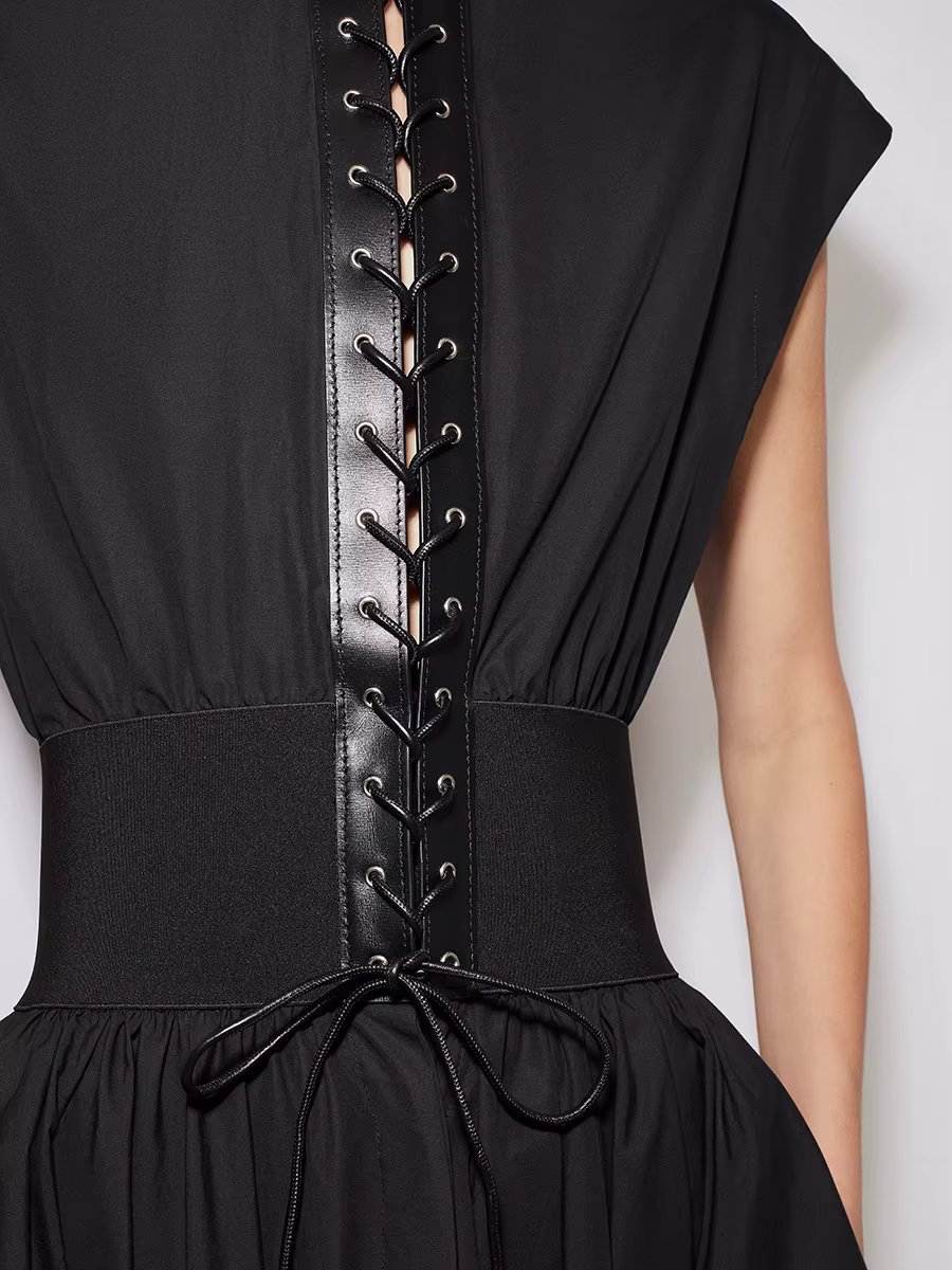 Elegant Solid Spliced Lace Up Slimming O-Neck Sleeveless High Waist Midi Dress - Image 5