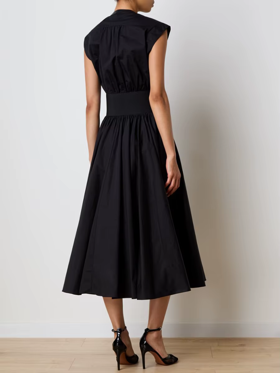 Elegant Solid Spliced Lace Up Slimming O-Neck Sleeveless High Waist Midi Dress - Image 4