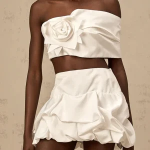 Elegant Solid Strapless Spliced 3D Flower Patchwork Folds Skirt Two Piece Sets
