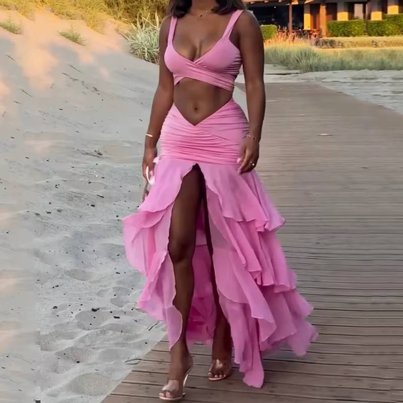 Elegant Solid V-Neck Hollow Out Backless Tank Top Layered Pleated Long Skirt 2 Piece Set - Image 2