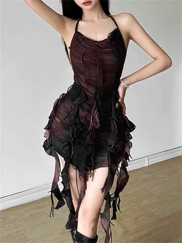 Elegant Spaghetti Strap Tassel Ruched Backless Bandage Halter Tie Dye Mini Dress - Image 3