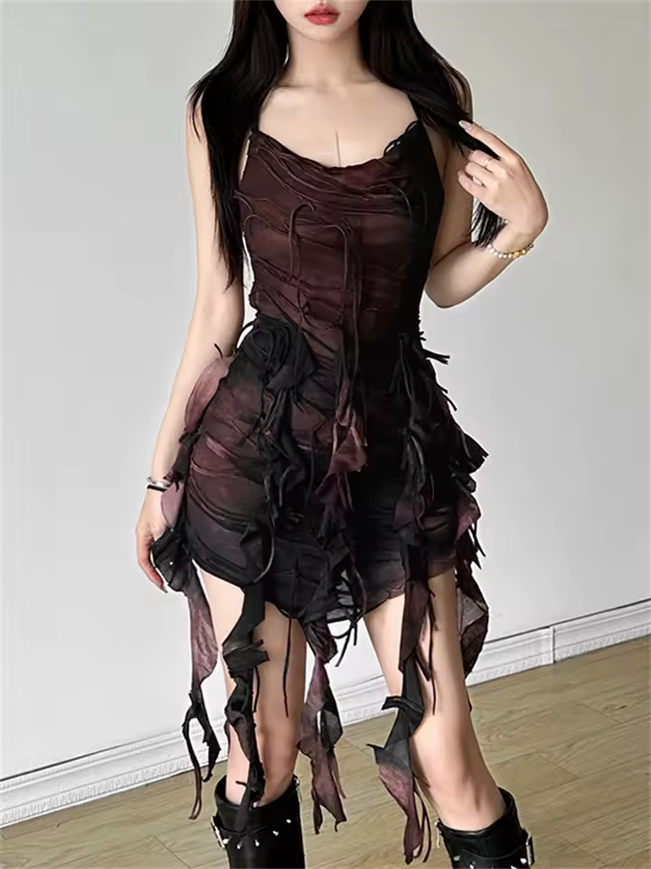 Elegant Spaghetti Strap Tassel Ruched Backless Bandage Halter Tie Dye Mini Dress - Image 4