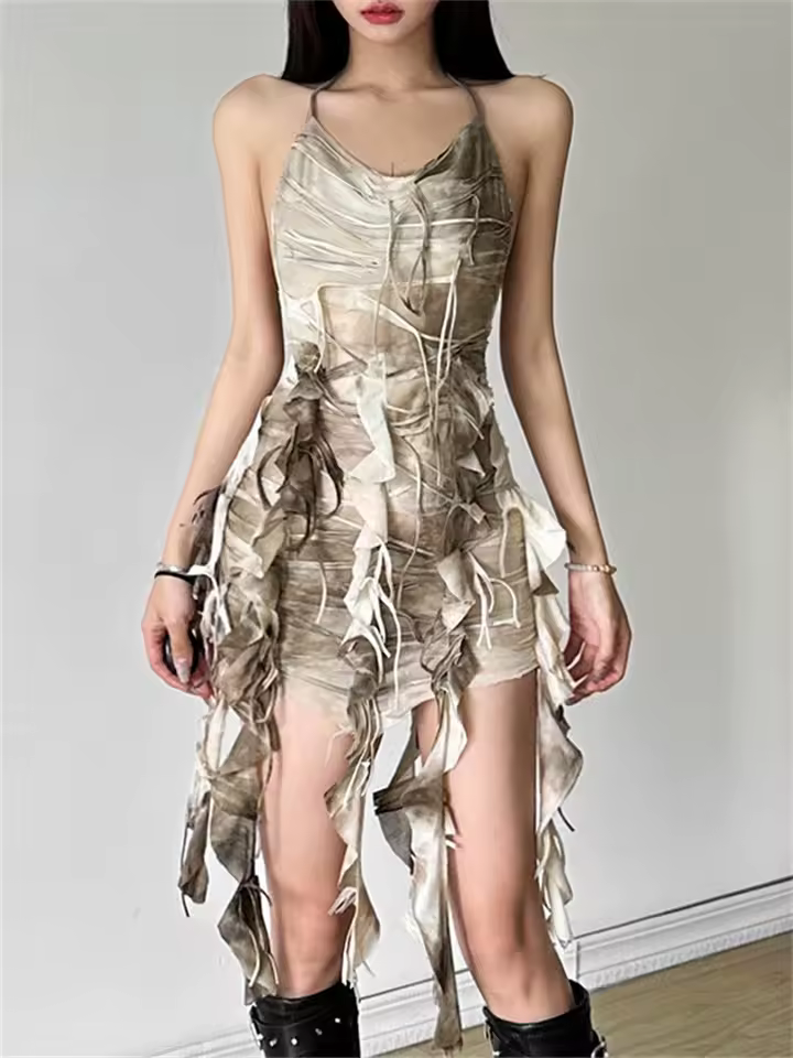 Elegant Spaghetti Strap Tassel Ruched Backless Bandage Halter Tie Dye Mini Dress - Image 2