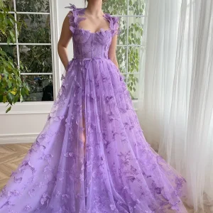 Elegant Spaghetti Straps Sleeveless High Slit Lace Up Back Printing Maxi Dress