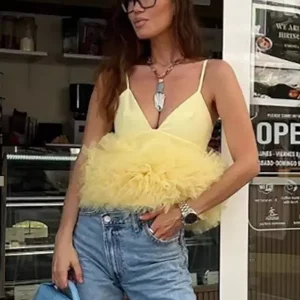 Elegant Spaghetti Straps Tulle Trimmed Ruffles Crop Camisole Top