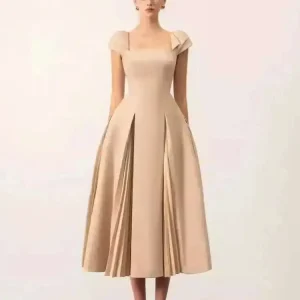 Elegant Square Collar Backless High Waist Pleated Patchwork Evening Midi Dresses