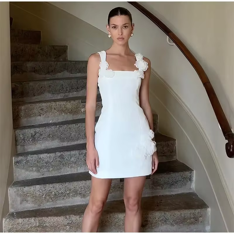 Elegant Square Collar Sleeveless Backless 3D Flower Sling Mini Dress - Image 4