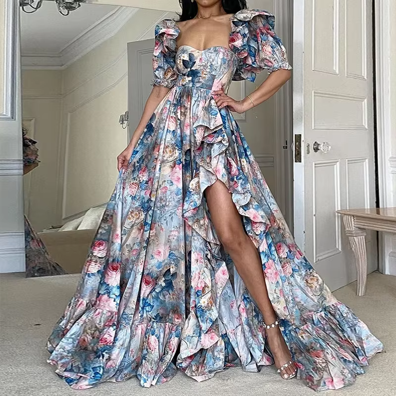 Elegant Square Neck Short Sleeve Garden Print Ruffles Slit Maxi Dress