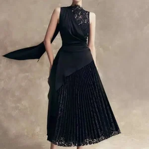 Elegant Stand Collar Lace Patchwork Ribbon Asymmetrical Pleated A-line Midi Dress