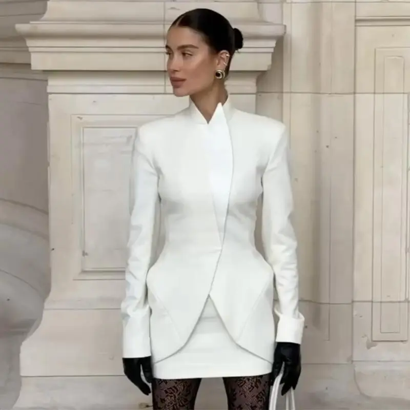 Elegant Stand Collar Slim Long Sleeves Button Jackets Hip Package Mini Skirts 2 Piece Sets - Image 8