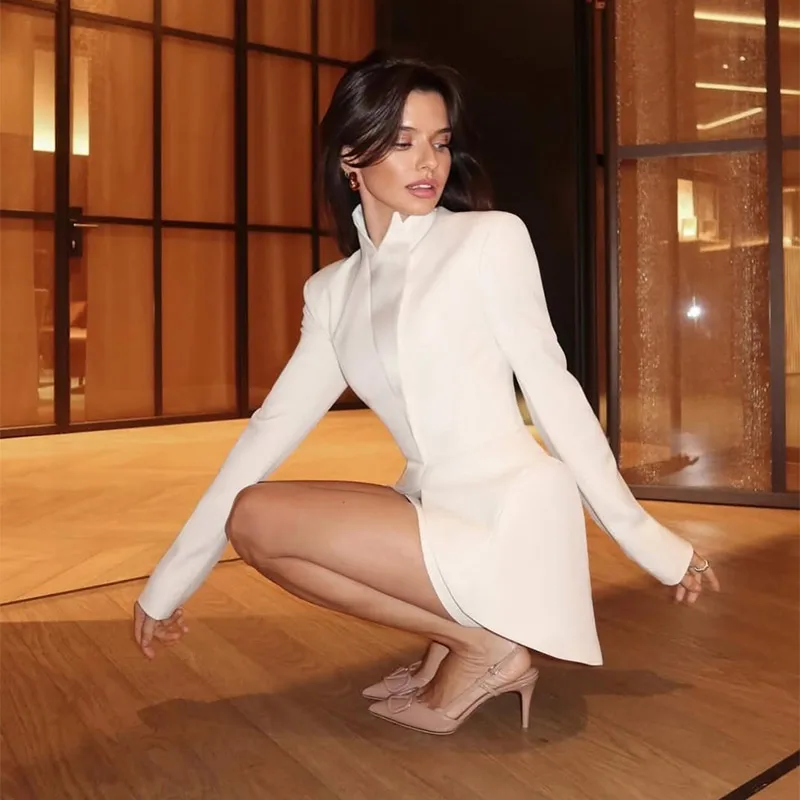 Elegant Stand Collar Slim Long Sleeves Button Jackets Hip Package Mini Skirts 2 Piece Sets - Image 3