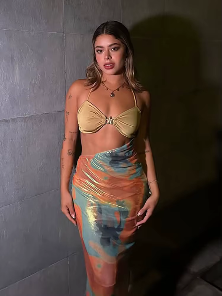 Elegant Starfish Knot Hollow Patchwork Double Deck Beach Halter Backless Cross Maxi Dress - Image 4