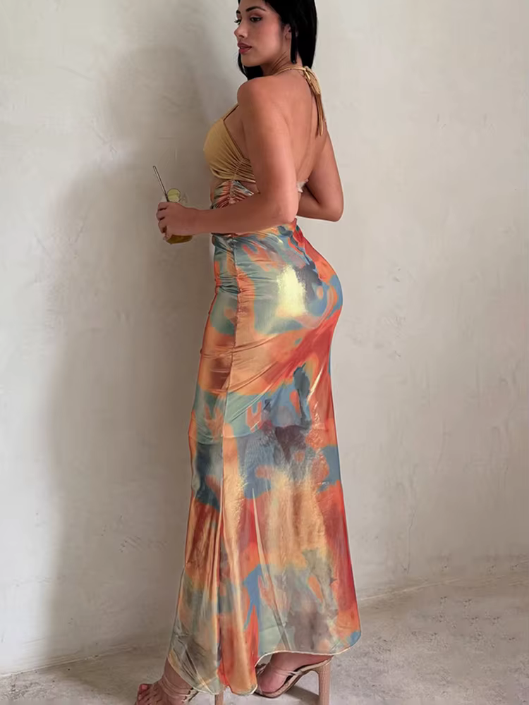Elegant Starfish Knot Hollow Patchwork Double Deck Beach Halter Backless Cross Maxi Dress - Image 6