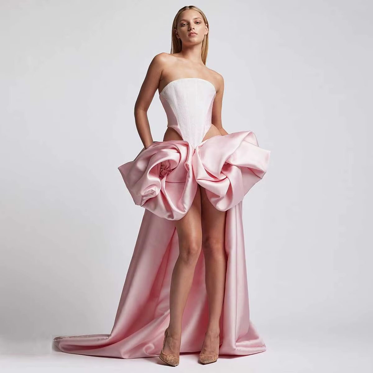 Elegant Strapless Chic Rose Flower High Low Prom Party Maxi Dresses