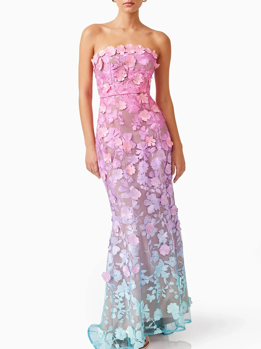 Elegant Strapless Hit Color Spliced Appliques Slimming High Waist Maxi Dress - Image 4