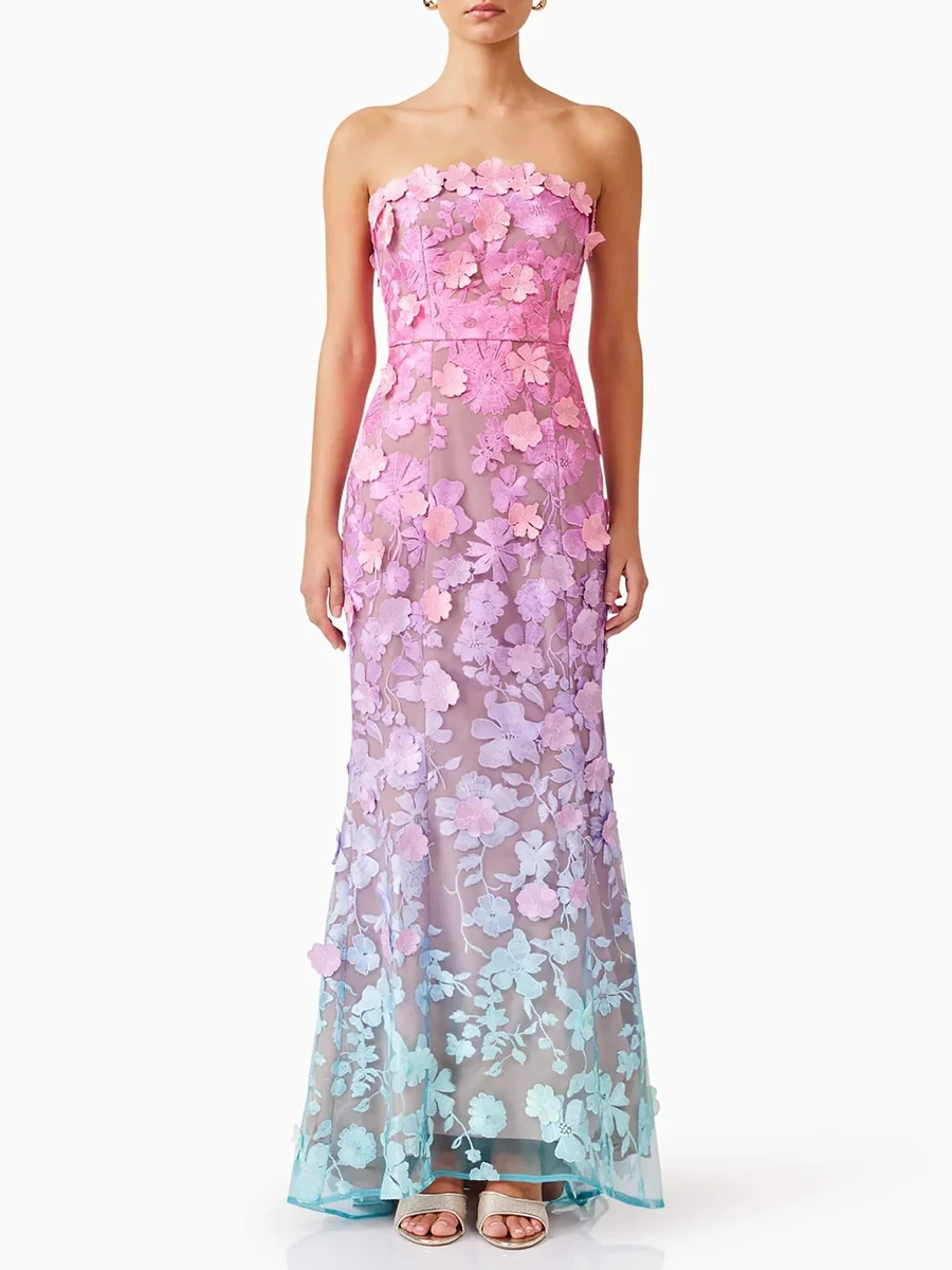 Elegant Strapless Hit Color Spliced Appliques Slimming High Waist Maxi Dress