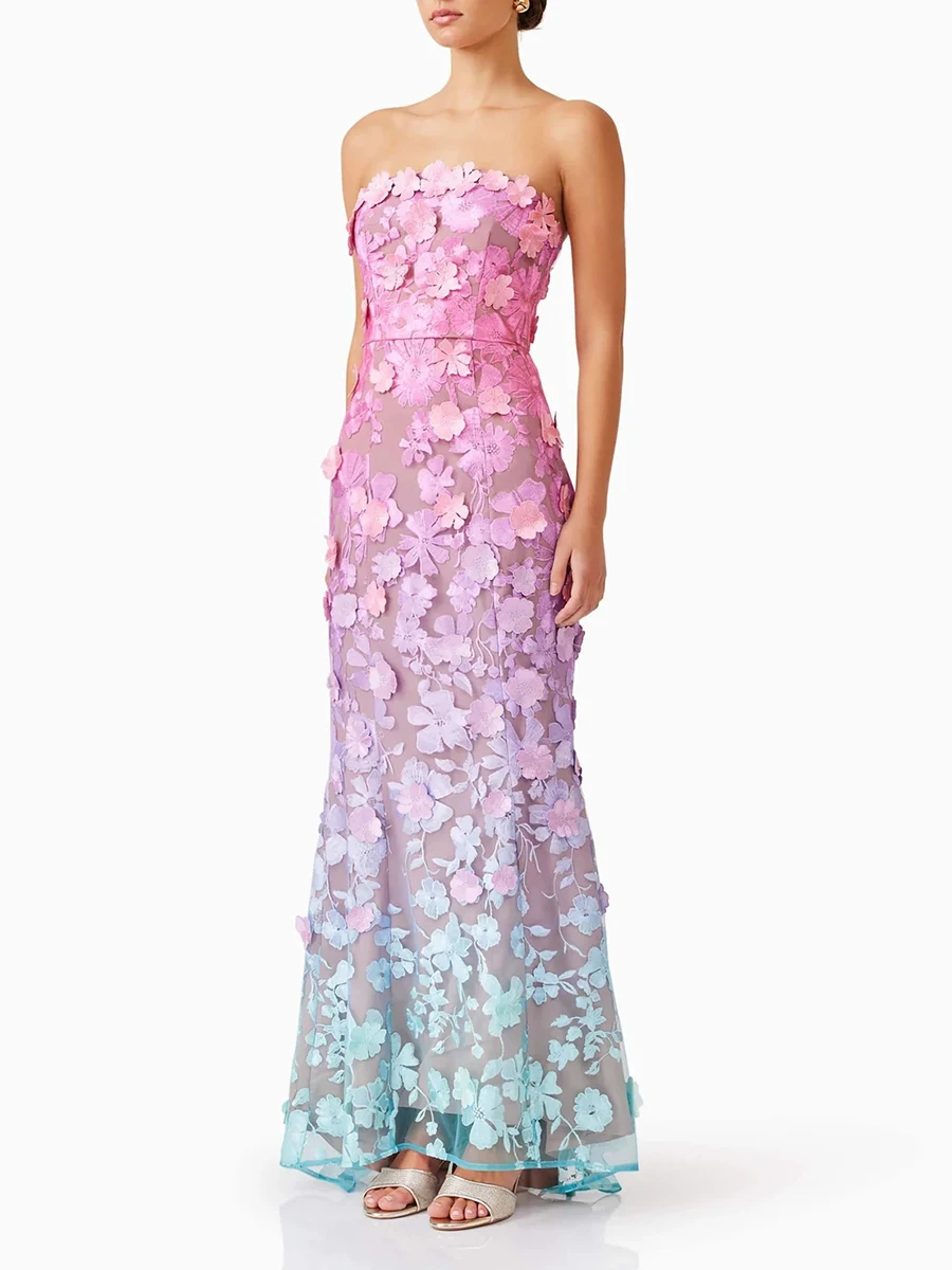 Elegant Strapless Hit Color Spliced Appliques Slimming High Waist Maxi Dress - Image 3