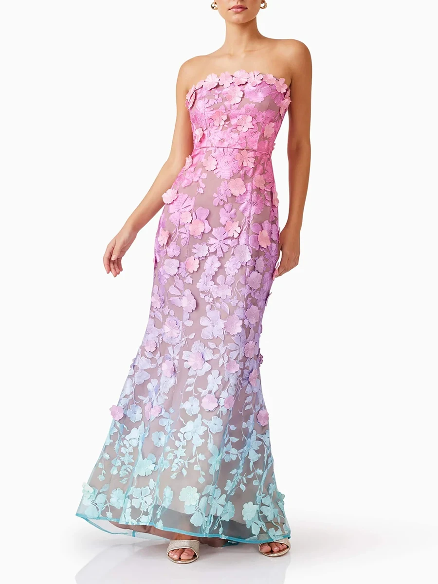 Elegant Strapless Hit Color Spliced Appliques Slimming High Waist Maxi Dress - Image 2