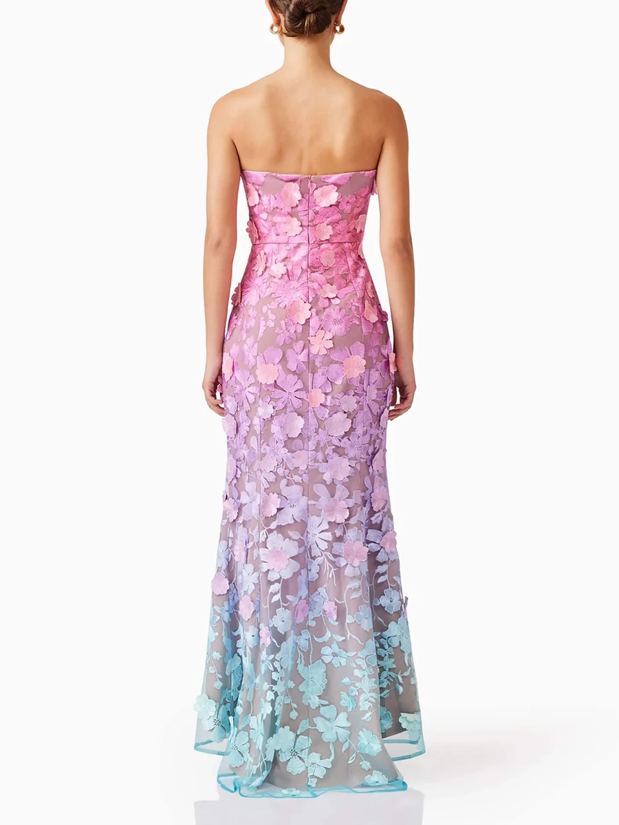 Elegant Strapless Hit Color Spliced Appliques Slimming High Waist Maxi Dress - Image 6