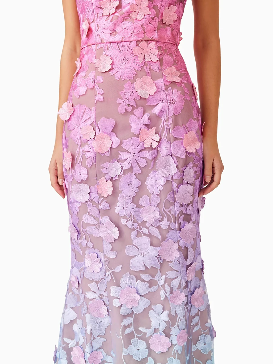 Elegant Strapless Hit Color Spliced Appliques Slimming High Waist Maxi Dress - Image 5