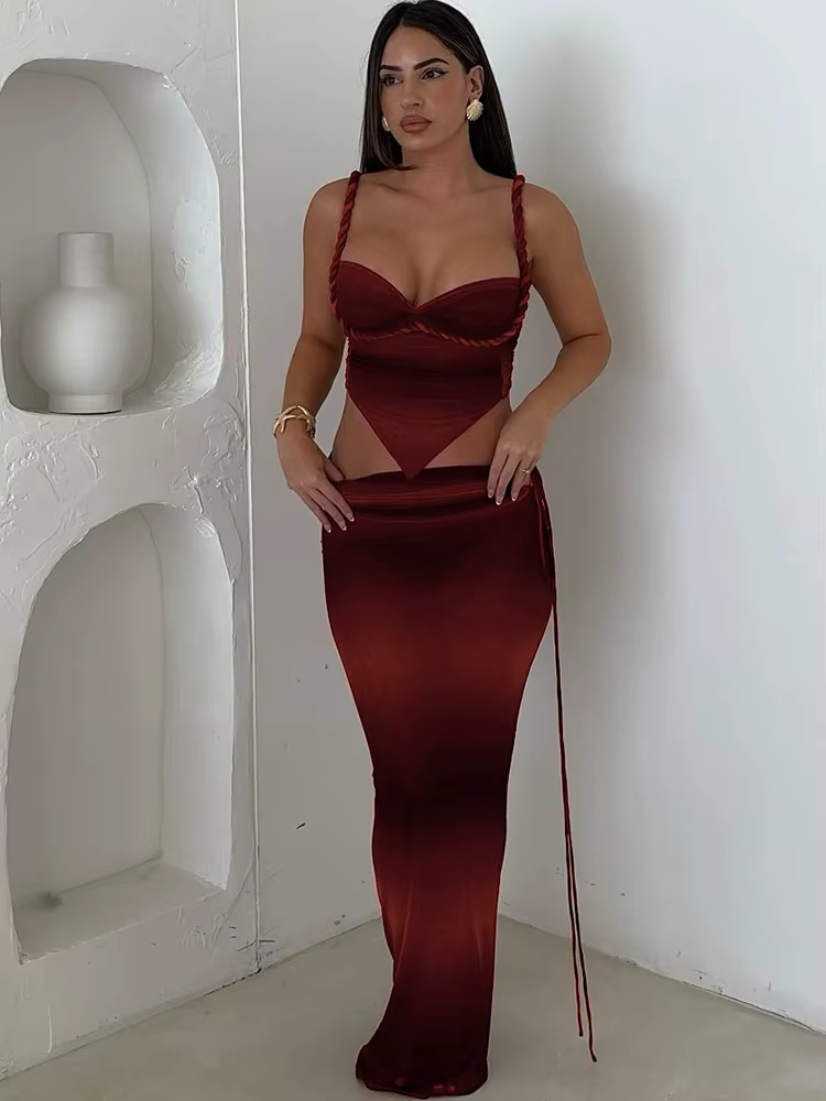 Elegant Strapless Hot Low Neck Irregular Shape Camis+Bandage Cut Out Maxi Dress