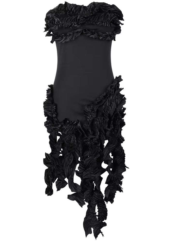 Elegant Strapless Irregular Ruffle Sleeveless Fringed Bandage Party Cocktail Midi Dress - Image 3