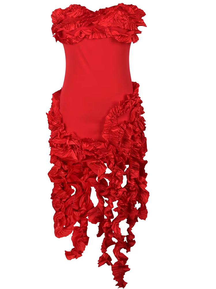 Elegant Strapless Irregular Ruffle Sleeveless Fringed Bandage Party Cocktail Midi Dress - Image 5