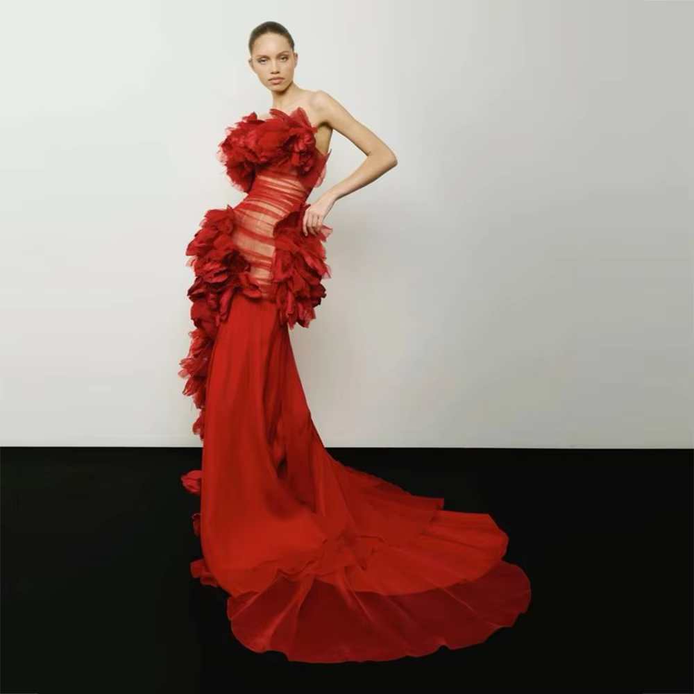 Elegant Strapless Mermaid Prom See Through Ruffles Sweep Train Formal Evening Maxi Dress - Image 2