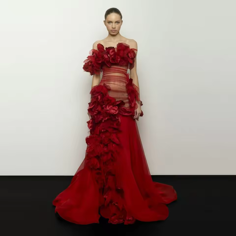 Elegant Strapless Mermaid Prom See Through Ruffles Sweep Train Formal Evening Maxi Dress