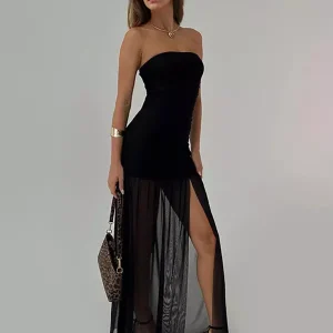 Elegant Strapless Polyester Sheer High Slit Sleeveless Long Dress