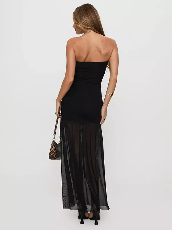 Elegant Strapless Polyester Sheer High Slit Sleeveless Long Dress - Image 4