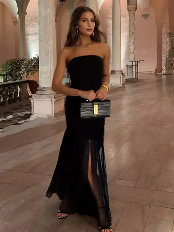 Elegant Strapless Polyester Sheer High Slit Sleeveless Long Dress - Image 2