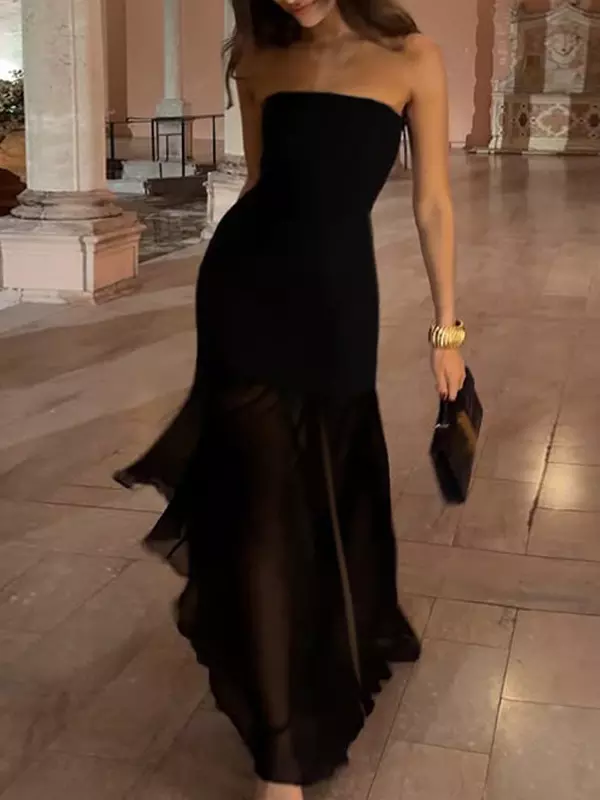 Elegant Strapless Polyester Sheer High Slit Sleeveless Long Dress - Image 3