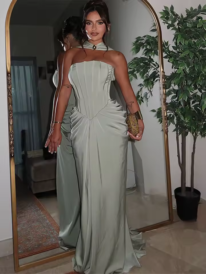 Elegant Strapless Sleeveless Scarf High Waist Vestidos Chic Evening Dresses