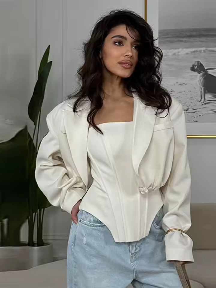 Elegant Strapless Slim Vest Solid Color Loose Short Two-Piece Jacket - Image 5