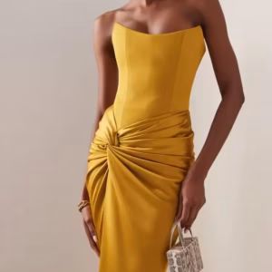 Elegant Strapless Solid Sleeveless Appliques High Waist Pleated Party Maxi Dresses