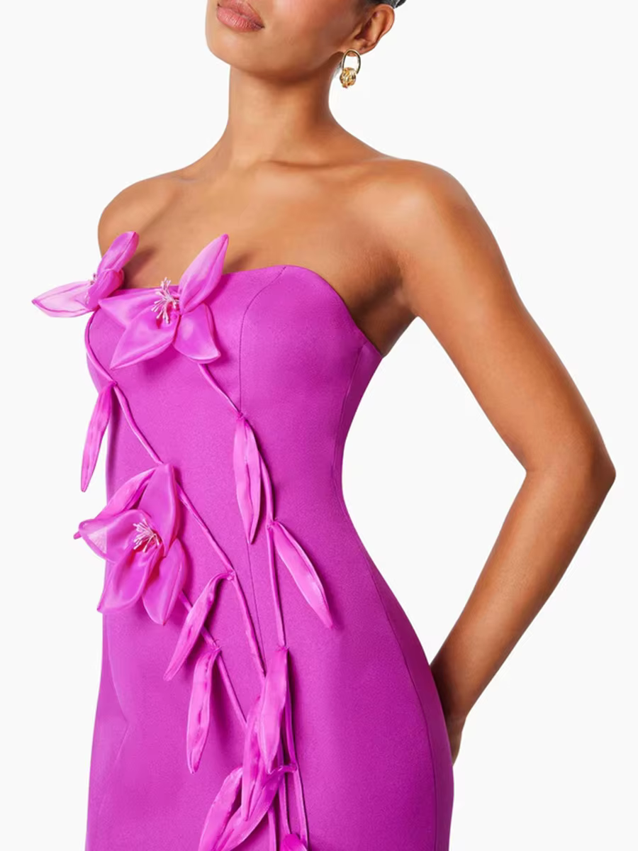 Elegant Strapless Solid Slimming Spliced Appliques High Waist Split Midi Dress - Image 6