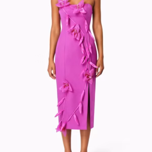 Elegant Strapless Solid Slimming Spliced Appliques High Waist Split Midi Dress