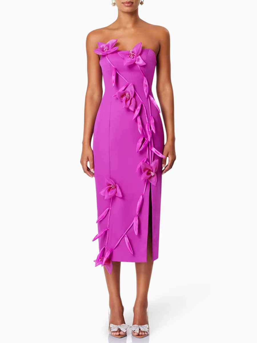 Elegant Strapless Solid Slimming Spliced Appliques High Waist Split Midi Dress